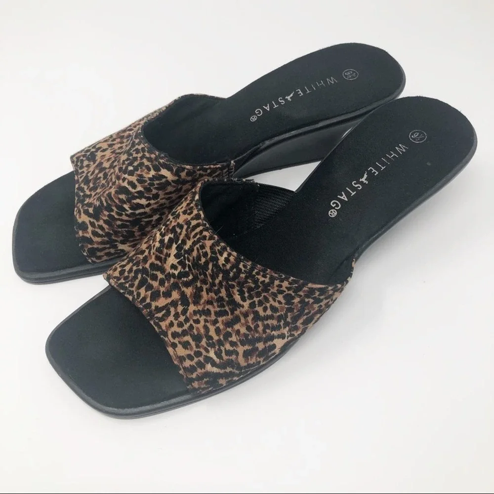 White Stag Animal Print Square Toe Wedge Heeled Slides Size 9.5